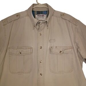 Wrangler Rugged Wear Shirt Mens XL Beige Khaki Flap Pockets Epaulets LS Workwear